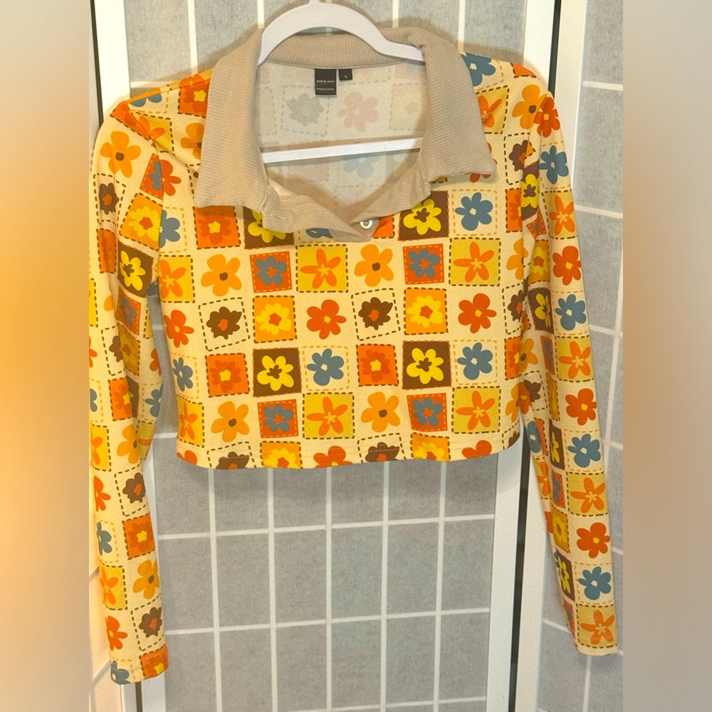 L Retro Vintage Floral Print Crop Top Long Sleeve, Used— Good Condition
